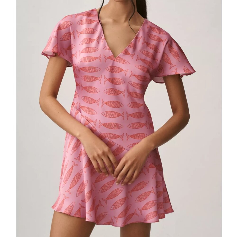 By Anthropologie Short-Sleeve V-Neck Mini Dress Pink Fish Print L